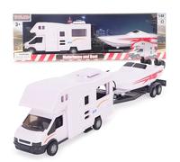 Toyland® White Motorhome and Speed Boat Play Set - 1:16 Scale Free-Wheel Action Detachable Trailer for Kids - Ages 3+