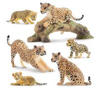 toymany 7PCS Leopard Figurines with Leopard Cubs and Tree Trunk | Realistic Jungle Animals Figures Plastic Wildlife Family Set, Educational Toy Cake Toppers Christmas Birthday Gift for Kids