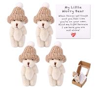 TOYMIS 4 Set Handmade Mini My Little Worry Bear with a Hat in Box, Positive Small Pocket Hug Tiny Teddy Plush Doll Get Well Soon Card Thinking of You Gift Support for Kids Friend Family Lover (White)