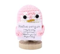 TOYMIS Funny Positive Penguin, 2.36 Inch Crochet Penguin Doll with Positive Card & Wood Base Knitted Penguin Support Crochet Toy Encouragement Emotional Gifts for Friends (Pink)