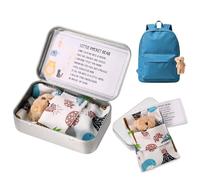 TOYMIS Little Pocket Bear Hug Set, Adorable Mini Plush Bears with Inspirational Card Sleeping Blanket & Iron Box for Friends Encouragement Party Favor (Khaki Bear & Blue Sleeping Blanket)
