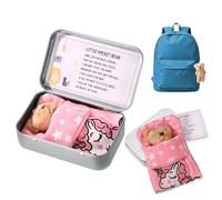 TOYMIS Little Pocket Bear Hug Set, Adorable Mini Plush Bears with Inspirational Card Sleeping Blanket & Iron Box for Friends Encouragement Party Favor (Khaki Bear & Pink Sleeping Blanket)