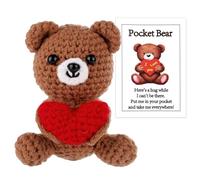 TOYMIS Positive Bear with Love Heart Emotional Funny Bear Crochet Doll Plush Valentine Cute Knitted Handmade Animals Toy for Christmas Birthday Inspirational Support Gift (Brown)