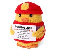 TOYMIS Positive Duck Crochet, 3.15in Firefighter Image Handmade Positive Support Animal Doll Funny Knitted Crochet Potato Duck with Inspirational Card Emotional Gift Decoration