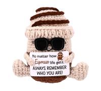 TOYMIS Positive Knitted Coffee Cup, Cute Handmade Crochet Coffee with Sunglasses & Inspirational Card Emotional Plush Positive Support Doll for Man & Woman