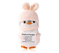 TOYMIS Positive Penguin Crochet, 4.5 Inch Easter Bunny-Ear Wool Yarn Knitted Emotional Penguin Doll with Encouraging Card Support Crochet Animals Plush Gift for Friends Family Home Desktop Room Decor