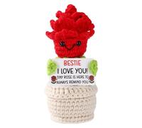 TOYMIS Positive Rose, 5.12 Inch Height Crocheted Red Roses with Inspirational Card Emotional Potted Flowers Crochet Doll for Bestie Gift Home Office Decor Handicrafts