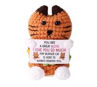 TOYMIS Tiny Burger Cat, Positive Knitted Burger Kitty with Inspirational Card Emotional Cute Crochet Doll Desk Support Decor for Besties Women Friends & Cat Lovers