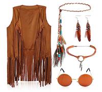 TOYMIS Women's 5pcs 60s 70s Hippie Costume Set, Tassel Vest, Sunglasses, Necklace, Earrings, Feather Woven Headband, XL