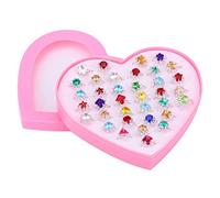 TOYMYTOY Adjustable Rings Set for Little Girls | 36pcs Multi-colored Plastic Heart Rings with Heart Shape Box, Birthday