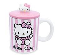 Toynk Sanrio Hello Kitty Pink Stripes Ceramic Mug with Lid | Holds 18 Ounces