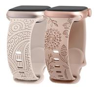 TOYOUTHS 2 Packs Floral Engraved Straps Compatible with Apple Watch Strap 44/45/46/42/49mm Women, Boho Silicone Henna Dandelion Cute Strap for iWatch 10/9/8/7/SE/6/5/4/3/Ultra 2, Starlight/Nude