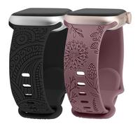 TOYOUTHS 2 Packs Floral Engraved Straps Compatible with Apple Watch Strap 44/45/46/42/49mm Women, Silicone Henna Dandelion Cute Strap for iWatch 11 10 9 8 7 6 5 4 SE/Ultra 3 2 1, Black/Violet Smoke