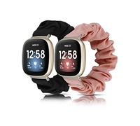 TOYOUTHS 2Pack Scrunchies Compatible with Fitbit Versa 4/Fitbit Sense 2/Fitbit Versa 3/Fitbit Sense Straps, Women Soft Stretchy Elastic Replacement Band, Black+Pink, L