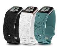 TOYOUTHS 3 Packs Floral Engraved Compatible with Fitbit Charge 5/Charge 6 Strap for Women, Soft Waterproof Silicone Sport Band with Cute Dandelion Flower Pattern, Black/White/Green