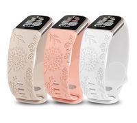 TOYOUTHS 3 Packs Floral Engraved Compatible with Fitbit Charge 5/Charge 6 Strap for Women, Soft Waterproof Silicone Sport Band with Cute Dandelion Flower Pattern, Starlight/Pink/White