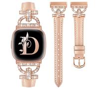 TOYOUTHS Genuine Leather Straps Compatible with Fitbit Versa 3/Versa 4/Sense 2/Sense, Women Slim Strap D-Shaped Metal Buckle Rhinestones Luxury Bracelet for Versa 3/4 Sense 1/2, Rose Gold+Rose Gold