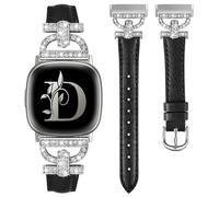 TOYOUTHS Genuine Leather Straps Compatible with Fitbit Versa 3/Versa 4/Sense 2/Sense, Women Slim Strap D-Shaped Metal Buckle Rhinestones Luxury Bracelet for Versa 3/4 Sense 1/2, Black+Silver