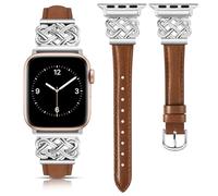 TOYOUTHS Leather Strap Compatible with Apple Watch Straps 42/44/45/46/49mm Women Slim Leather Strap with Dressy Interlock Buckle for iWatch Series 11 10 9 8 7 6 5 4 SE/Ultra 3 2 1, Brown/Silver