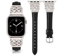 TOYOUTHS Leather Strap Compatible with Apple Watch Straps 42/44/45/46/49mm Women Slim Leather Strap with Dressy Interlock Buckle for iWatch Series 11 10 9 8 7 6 5 4 SE/Ultra 3 2 1, Black/Starlight