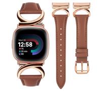 TOYOUTHS Leather Strap Compatible with Fitbit Versa 4/Versa 3/Sense 2 Women Slim Thin Dressy Elegant Premium Leather Strap with C-Shaped Metal Buckle, Brown/Rose Gold