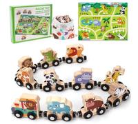 Toys for 1 2 3 Year Old Boys Girls, Montessori Toys Magnetic Wooden Train Set Gifts for 2-3-4 Year Old Boy Girl Educational Toddler Toy Birthday Presents Age 1+ Kids Animal Farm Games with Track Mat