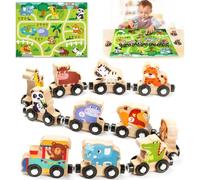 Toys for 1 2 3 Year Old Boys Girls, Montessori Toys Magnetic Wooden Train Set Gifts for 2-3-4 Year Old Boy Girl Educational Toddler Toy Birthday Presents Age 1+ Kids Animal Farm Games with Track Mat