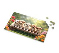 Toys For Ages 8-13 Five Adorable Puppies Sitting On A Wooden Bench Surrounded By Colorful Flowers Picture Puzzle 100 Piece Puzzles For Kids Puzzle Books For Adults(500PCS)