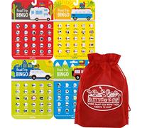 Toysmith Road Trip Bingo Cards Red, Blue, Green & Orange Gift Set Travel Bundle with Bonus Matty's Toy Stop Storage Bag - 4 Pack