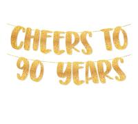 TOYVENTURES Cheers to 90 Years Gold Glitter Banner - Happy 90th Birthday Party Decorations 8 Feet, 90th Wedding Anniversary Party Supplies - Milestone Celebration Decor - Pre-strung, No DIY Required