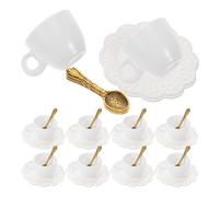 Toyvian 10 Sets Miniature Coffee Cup and Saucer Set White Lace Design Dollhouse Kitchen Decor with Metal Spoons for Role Playing Fairy Garden and Creative Play