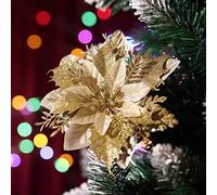 Toyvian 12Pcs Christmas Glitter Poinsettia Flowers Gold Tree Decorations Xmas Artificial with Stems & Clips Ornaments Decor for Holiday New Year (Gold), 0515OM37SLL0
