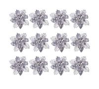 Toyvian 12pcs Glitter Poinsettia Artificial Christmas Poinsettia Flower Christmas Tree Decorations Ornaments (Silver)