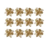 Toyvian 12pcs Glitter Poinsettia Artificial Christmas Poinsettia Flower Christmas Tree Decorations Ornaments (Golden)