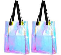 Toyvian 2 Pcs Holographic PVC Tote Bags for Women, Large Capacity Beach and Shopping Handbags with Handles, Casual Shoulder Bags for Grocery, Parties, and Events (34x41x12cm)