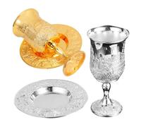 Toyvian 2 Sets Judaica Kiddush Goblets with Tray Embossed Metal Wine Cups with Stem for Shabbat Passover Holiday Table Decor Handcrafted Traditional Jewish Wedding Chalice in Gold Silver