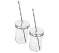 Toyvian 2 Sets Wide Mouth Mason Jar Glass Cups with Straw and Lid Reusable Beverage Storage Containers for Home Leak-Resistant Drink Tumblers with Flat Bottom Design