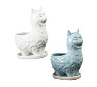 Toyvian 2pcs Alpaca Ceramic Succulent Flower Pots with Drainage Tray Home Desk Planters for Plants Cute Cartoon Design in White Blue for Indoor Gardening Decor