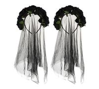 Toyvian 2pcs Black Veil Headband with Flowers, Elegant Tulle and Polyester Material, Secure Fit Halloween and Festival Accessory for Women, Romantic and Striking Floral Design