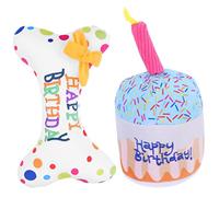 Toyvian 2Pcs Cat Chew Plush Squeaky Birthday Cake and Embroidered Bone Kitten Teething Interactive Pet Chewing for Cats to Encourage Healthy Chewing and Prevent Furniture Damage