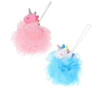 Toyvian 2pcs Unicorn Bath Loofahs with Pe Mesh Material and Lanyard, Comfortable Exfoliating Shower Scrubber Balls for Bath Time and Household Use, Pink and Blue Cartoon Foaming Sponges
