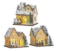 Toyvian 3 Pcs Christmas Village Houses Decor: Small Glowing Wooden Houses Set with Lights Christmas Table Centerpieces - Holiday Desktop Cabin Ornament for Xmas Town Landscape Decor