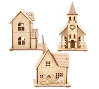 Toyvian 3pcs Christmas Wooden Ornament Set, Luminous Mini Wood Village House Decorations, Christmas Village Tabletop Accents