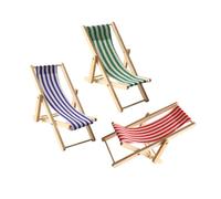 Toyvian 3pcs Miniature Wooden Beach Chairs with Cloth Seats Dollhouse Deck Lounges for Seaside Model Decor Mini Folding Furniture Accessories Red Blue and Green