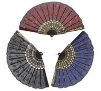 Toyvian 3pcs Peacock Sequin Folding Fan Hand Fan, Black Plastic and Cloth, Foldable, Light Weight, for Folk Jazz Dance Props, Home Decorations and Parties