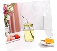 Toyvian 4 Pcs Mason Jar Mugs with Lid Handle and Stainless Steel Straw Square Glass Drinking Cups for Water Juice Milk Reusable Tumblers with Comfortable Grip for Home Office Study