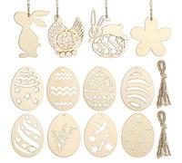 Toyvian 48 Pcs Easter DIY Wooden Craft Hanging Ornaments Wooden DIY Painting Hanging Tags Toy for Kids Decorations, Presents Ornaments, and Art Projects