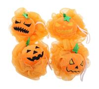 Toyvian 4pcs Pumpkin Shower Puff Bath Sponges with Hanging Loop, Mesh Body Scrubber for Gentle Exfoliation and Rich Lather Creation, Fast Drying Polyester Sponge for Halloween Themed