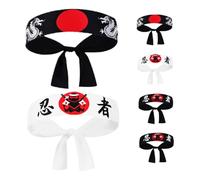 Toyvian 6pcs Ninja Japanese Headband Set for Karate and Samurai Cosplay, Wide Cotton Headbands for Men and Women, Chef and Fitness Accessories, Black and White with Black Dragon Designs