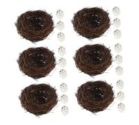 Toyvian 6set Handcrafted Woven Bird Nest with Artificial Eggs Rattan Foam Country Style Nest for Garden, Outdoor Decor Easter Crafts